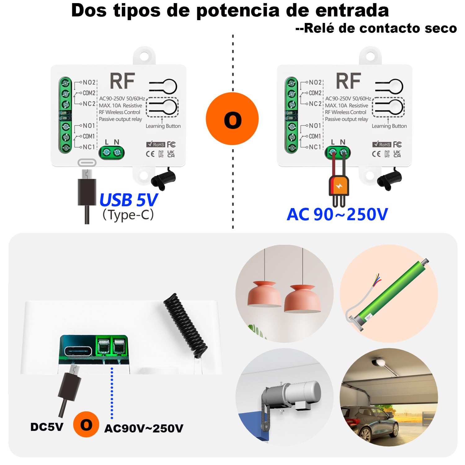 RF 433Mhz Interruptor De Controlo Remoto Inalámbrico, CA 220V 230V O DC5V 10A 2 Canales Recetor De Relé E 2 Transmissores Para Motor Porta Garagem Cortina Elétrica Luz