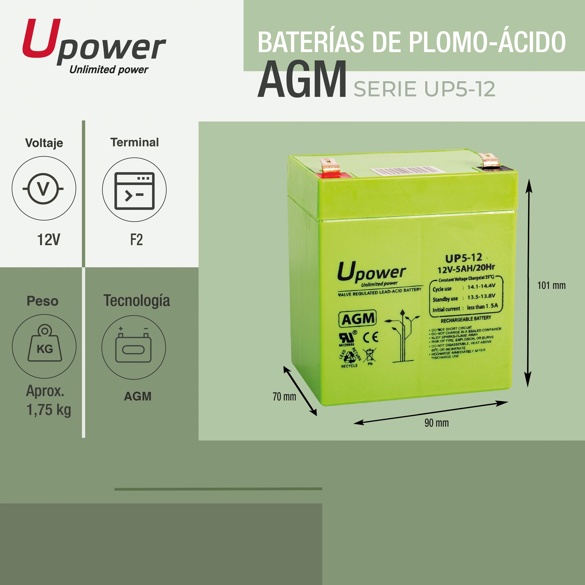 U-Power - Batería piombo AGM Sigillata 5Ah 12V - Faston F2 6.3mm