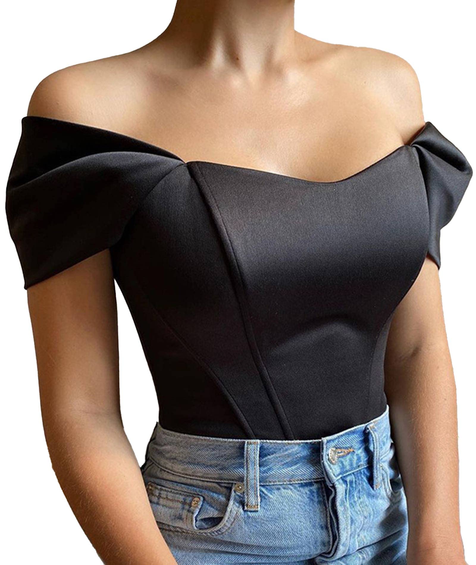Women’s Off Shoulder Corset Top Short Sleeve Satin Silk Bustier Crop Top Bodycon Slim Fit Fashion T-Shirt-image-47