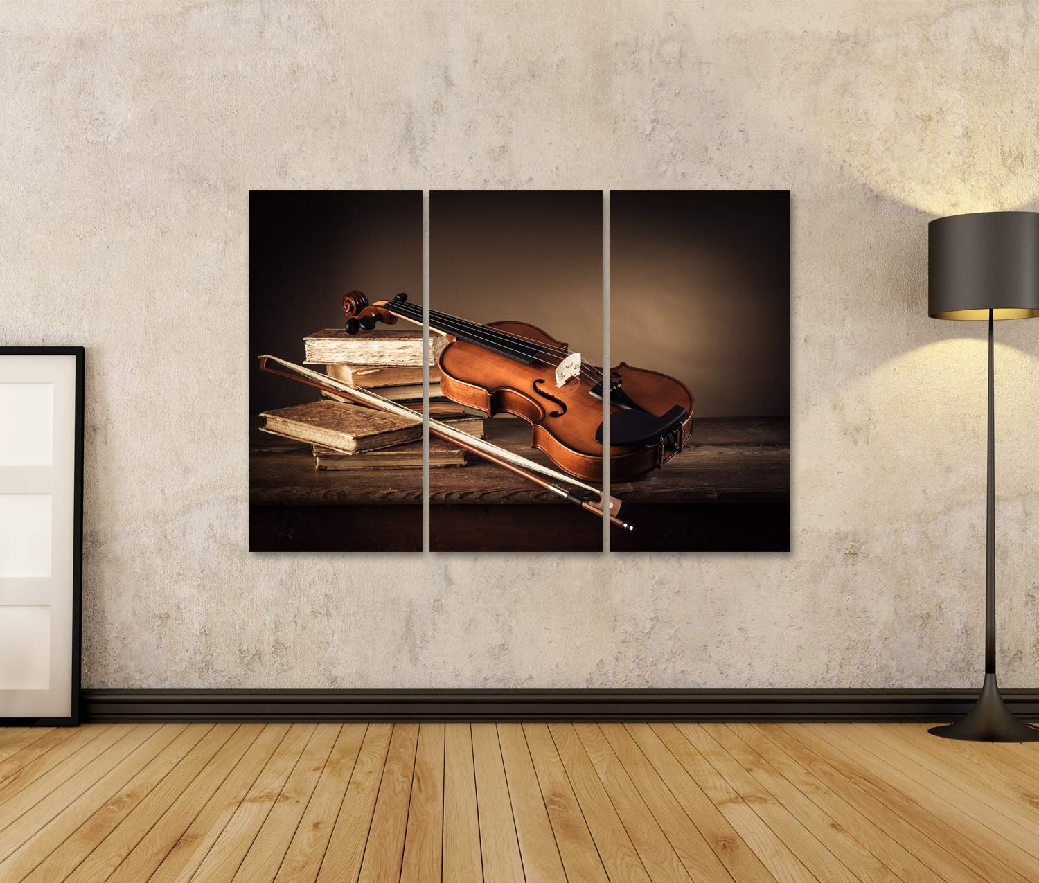 islandburner Prime - Quadro su tela, arte musicale, vita morta, arco violino antichi libri, tavolo in legno rustico, poster da parete