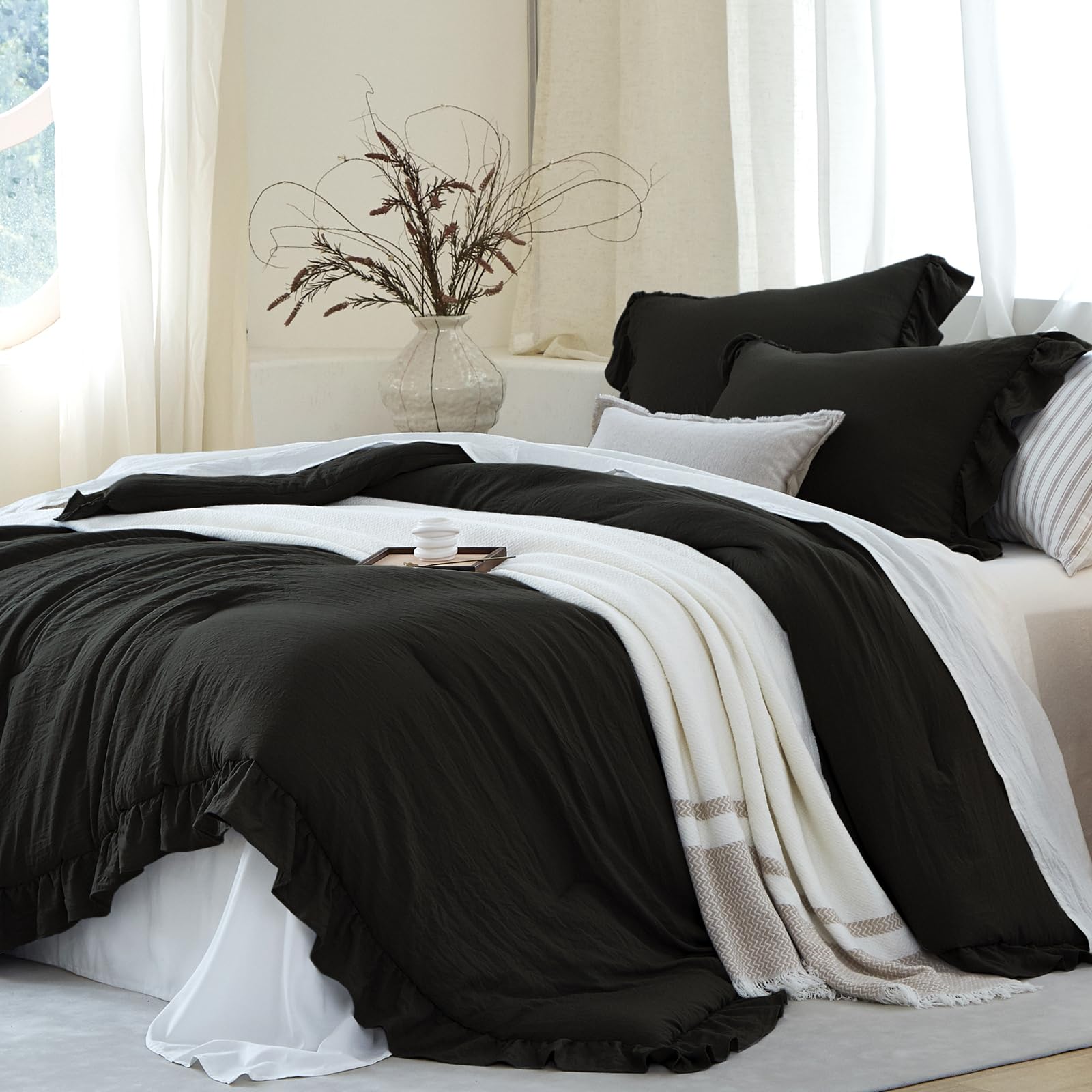 Black Ruffle 3 Pieces Comforter Queen Shabby Chic Bedding Set