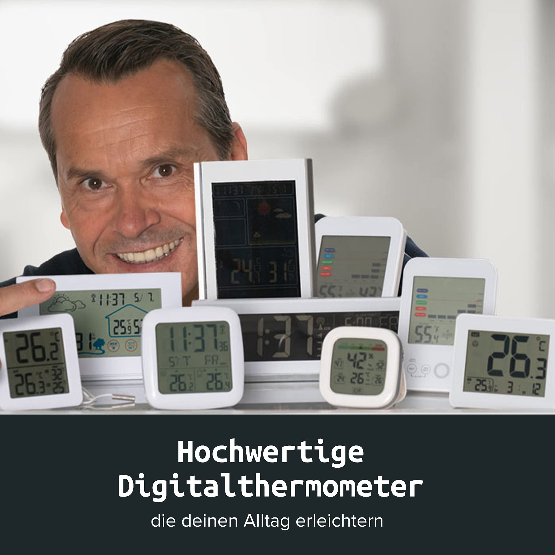 Fackelmann digitaler Wecker mit Thermometer und Hygrometer Funktion Tecno, Elegante Funkuhr mit farbigem Display & USB-Anschluss für das Handy