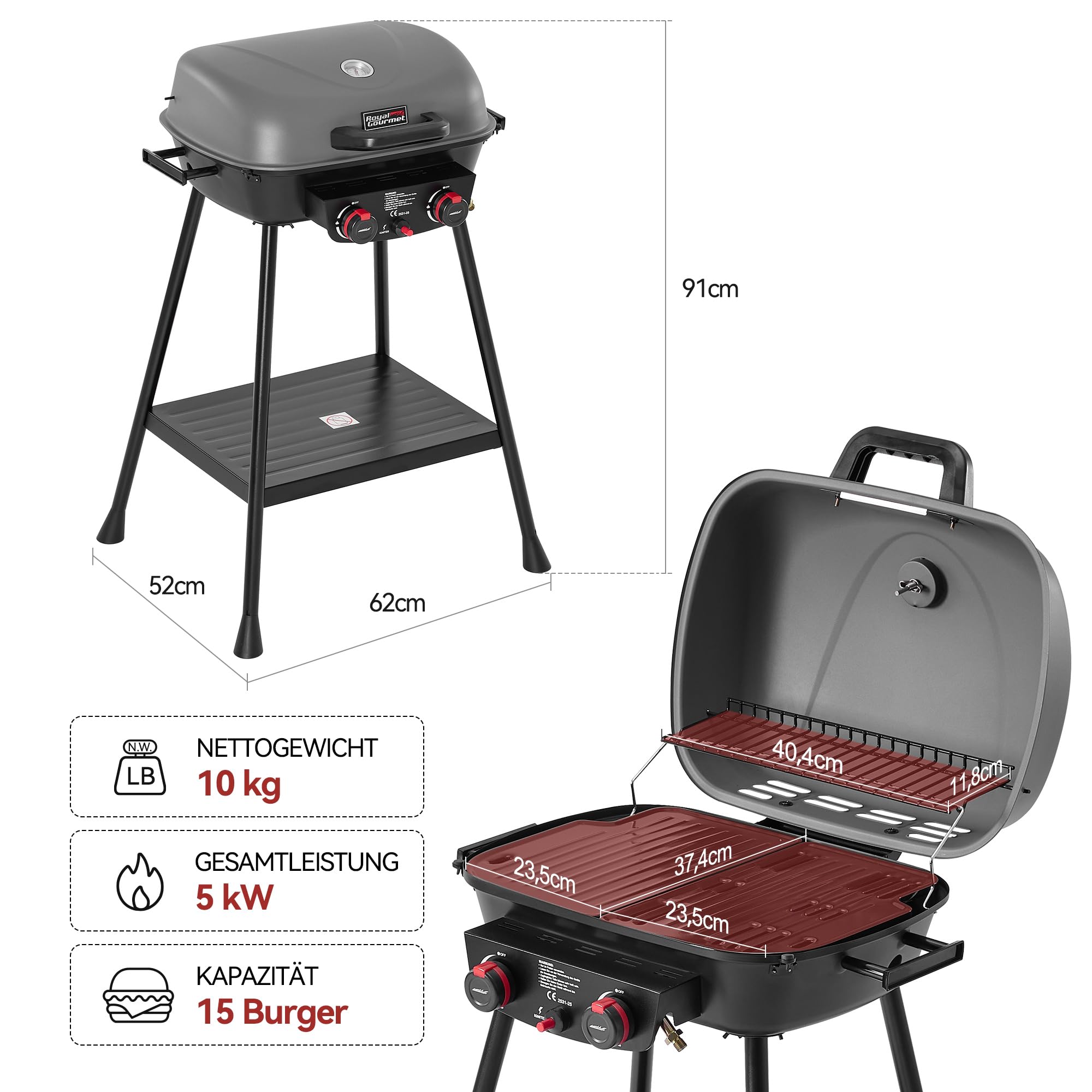 Royal Gourmet 2- Brenner Gasgrill kleiner Balkon-Picknick-Grill, 5 kW Grillwagen für Garten und Camping mit leicht demontierbaren Grillständer, Grau