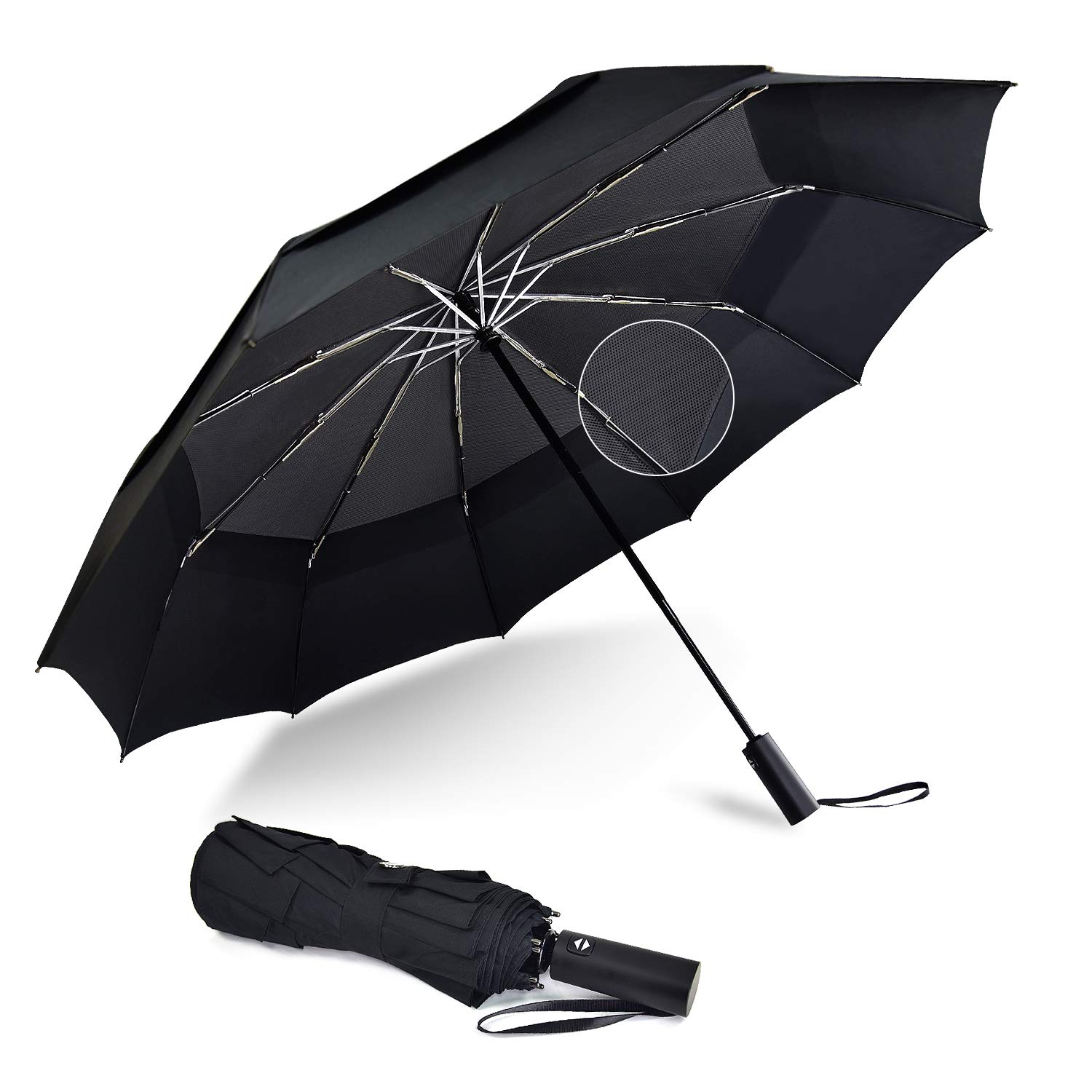 Large Compact Umbrella Lightweight 10 Ribs for Travel Folding Golf Umbrella Automatic - 210T Teflon Double Canopy Unbreakable Umbrella with Windproof Net