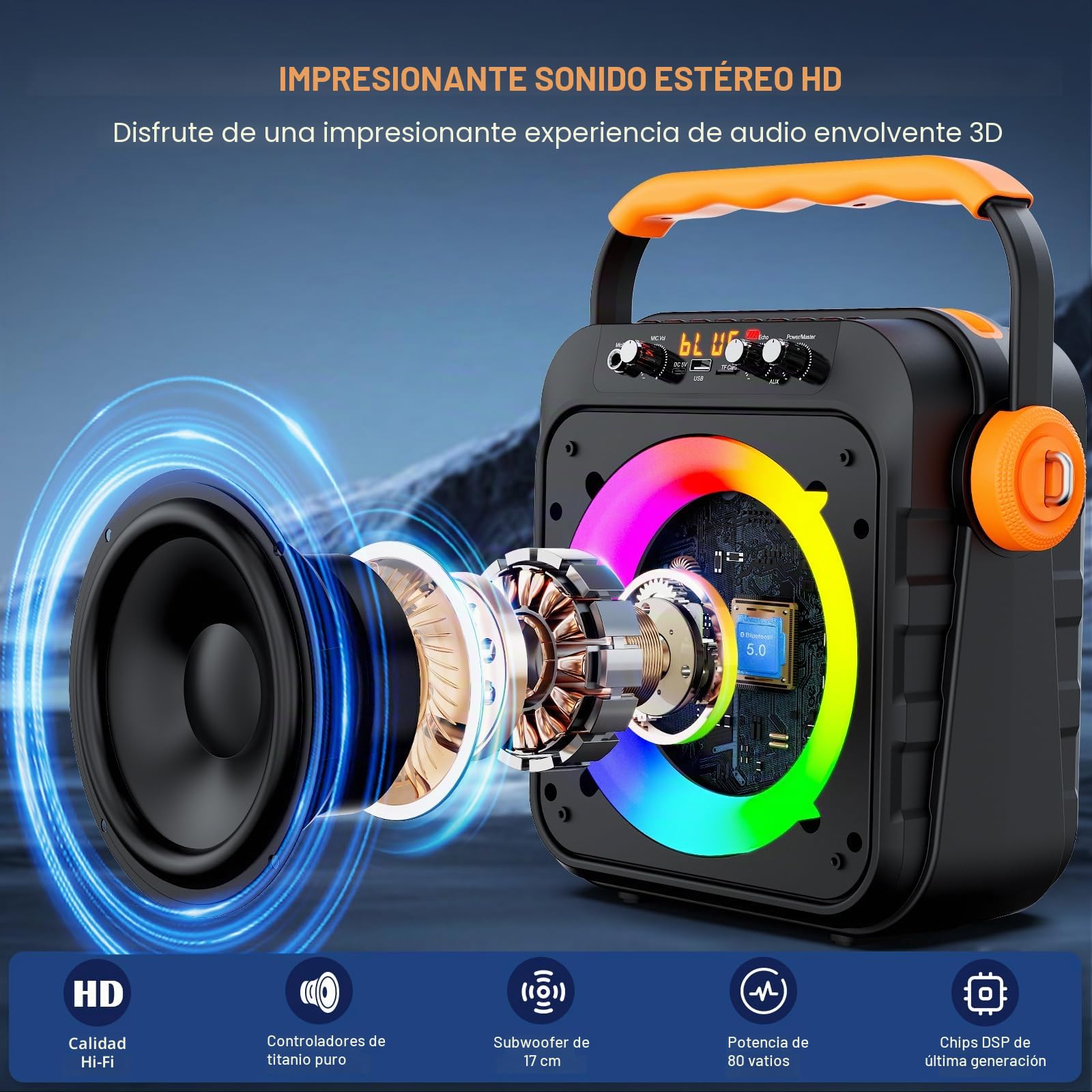 JYX Karaoke 2 Microfonos Inalambricos, Altavoz con Microfono, Karaoke Profesional, Karaoke Portatil, Altavoz Bluetooth con Efectos de luz LED, Apto para Adultos/niños.