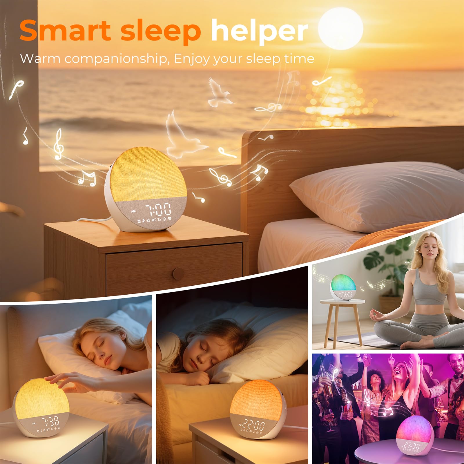 Réveil Lumineux Simulateur D'Aube, Enceinte Bluetooth, Machine Bruit Blanc, 30 Sons Apaisants, 20 Luminosité, 18 Couleurs