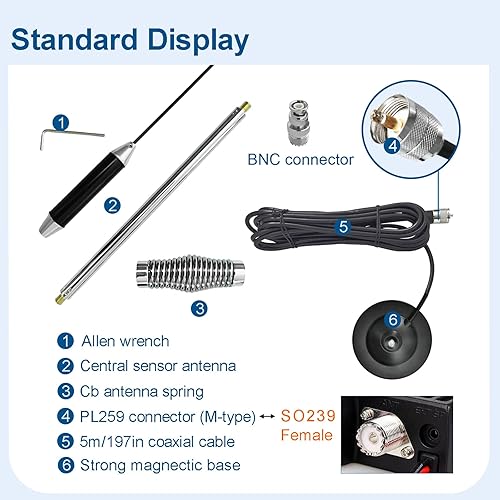 Miniatura 3 de Antena de radio CB de 27 MHz con soporte magnético resistente con PL-259 y conector macho BNC para estación base móvil de automóvil, camión,