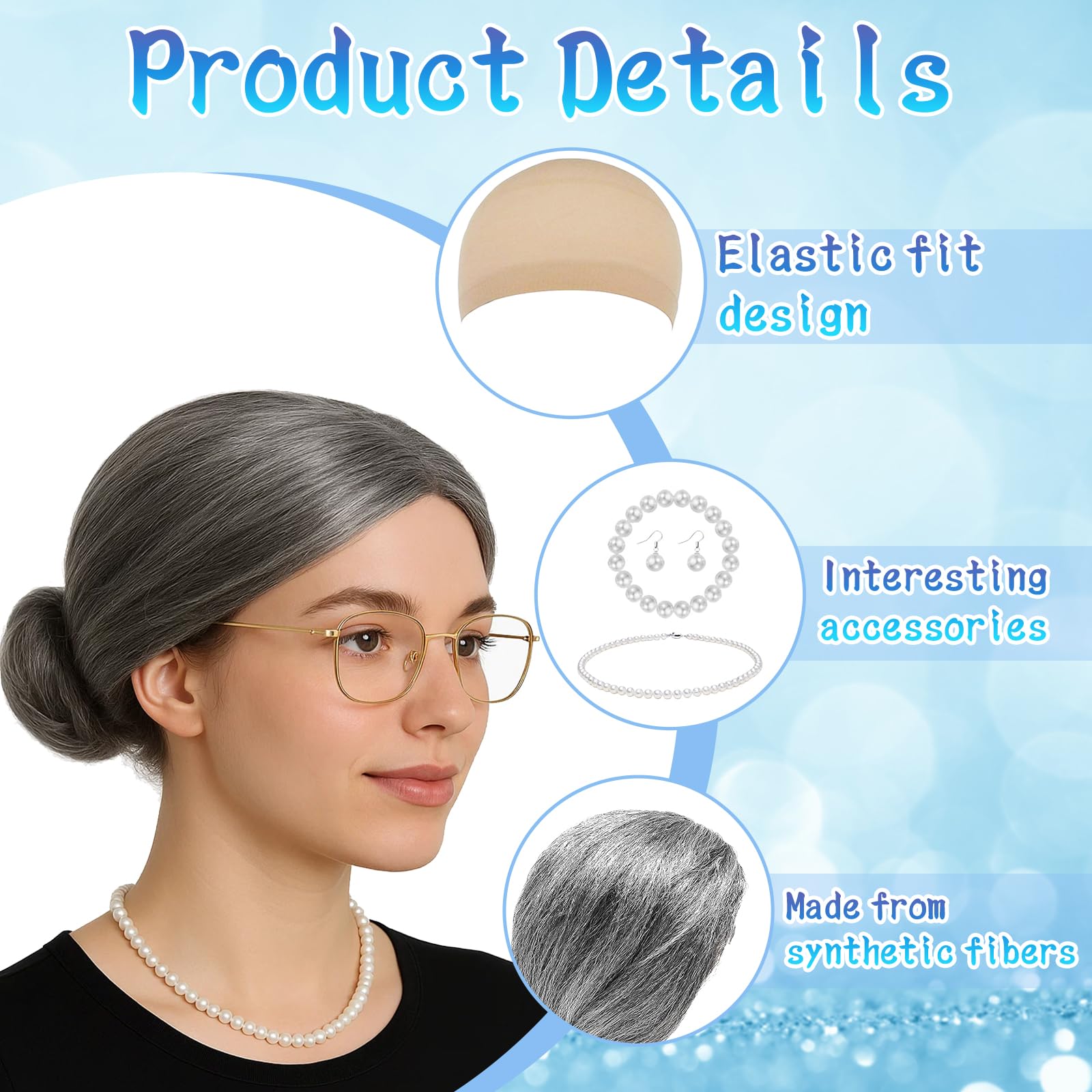 BFSYRR Old Lady Fancy Dress, 9PCS Granny Costume Set including Grey Wig, Pearl Necklace, Bracelet, Earrings, Glasses - Image 4