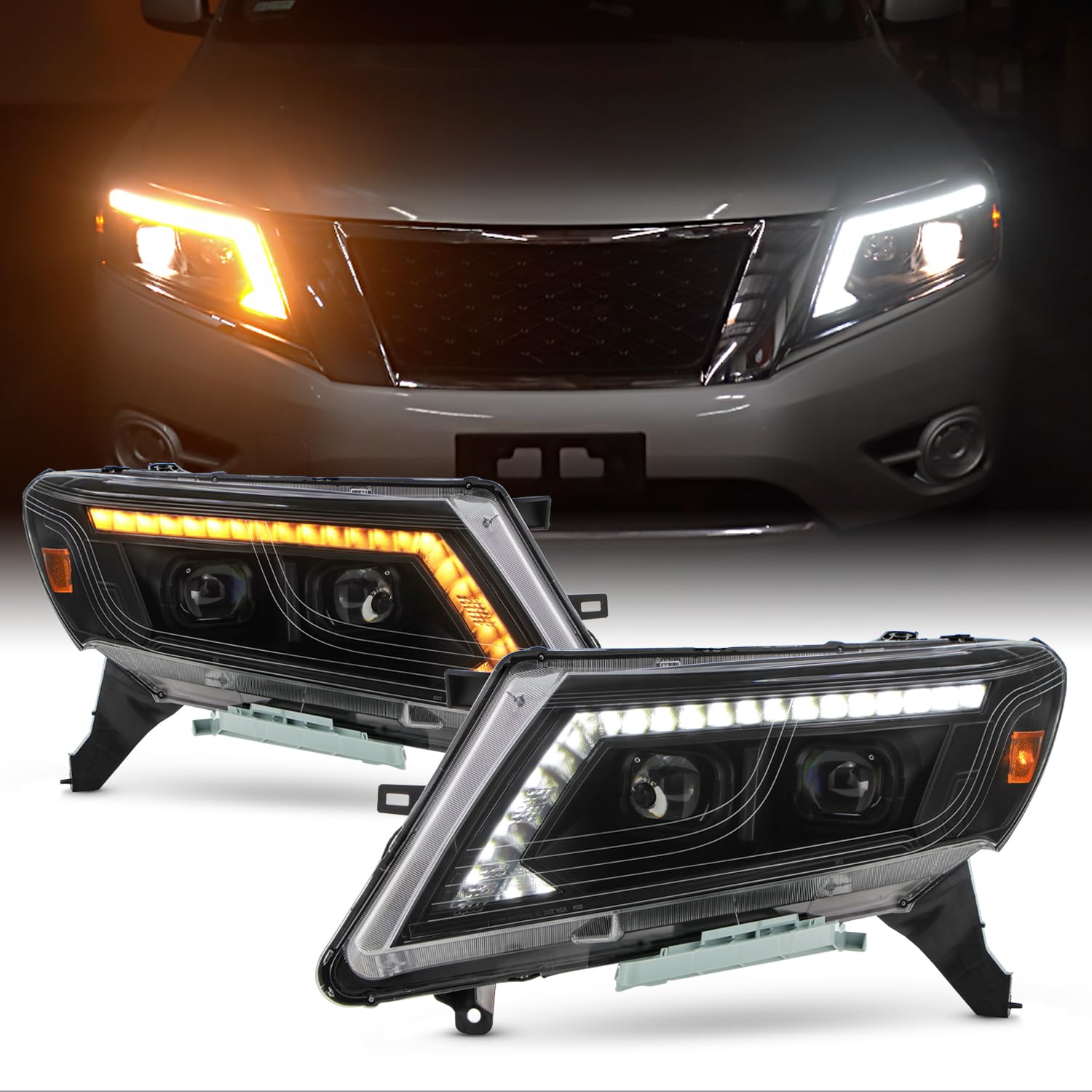 AKKON - Fits 2013-2016 Nissan Pathfinder Projector Black Headlights Headlamps Pair w/LED DRL Running Lamp Turn Signal