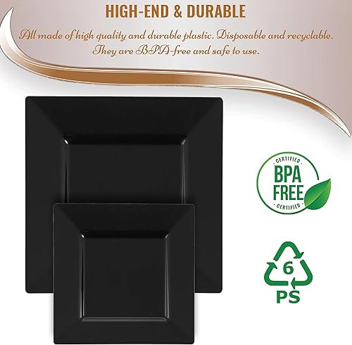 Miniatura 6 de Platos cuadrados de plástico amarillo (9.5 pulgadas), paquete de 10, vajilla elegante y resistente para bodas, cumpleaños y uso doméstico