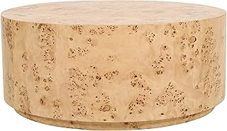 Meridian Furniture 270-C Burl Collection Mid-Century Modern Coffee Table with Ash Burl Wood, Curved Art Deco Design, 36" W x 36" D x 15" H, Natural