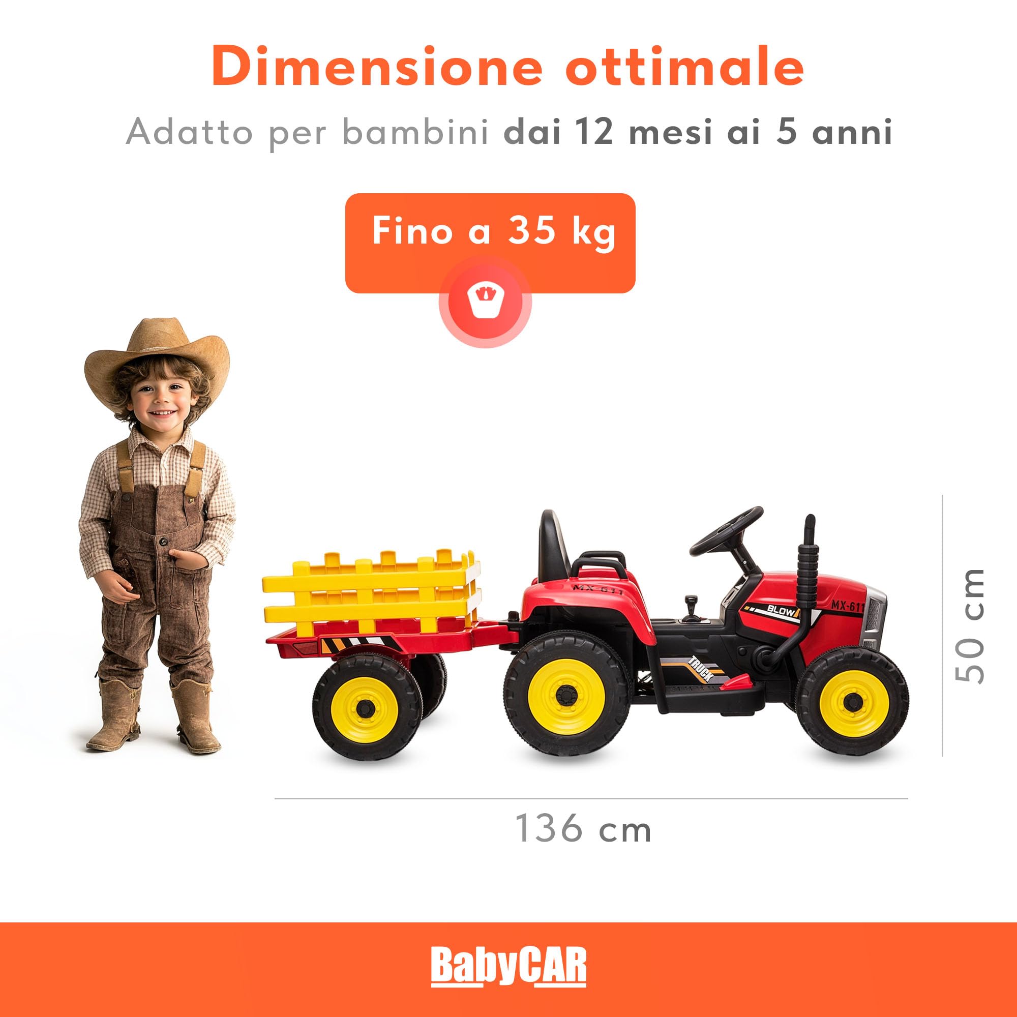 BABYCAR Trattore Elettrico per Bambini con Rimorchio (Rosso) – Macchina elettrica per Bambini, Batteria 12V, 2 motori, Trattore Elettrico con Luci e Telecomando