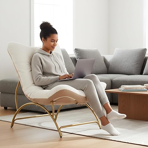 Vista 4 de Welnow Accent Lounge Silla Perezosa, Silla de Lectura Cómoda y Suave con Marco de Metal para Ocio, Sofá Reclinable Tapizado con Cojín Grueso y Beige