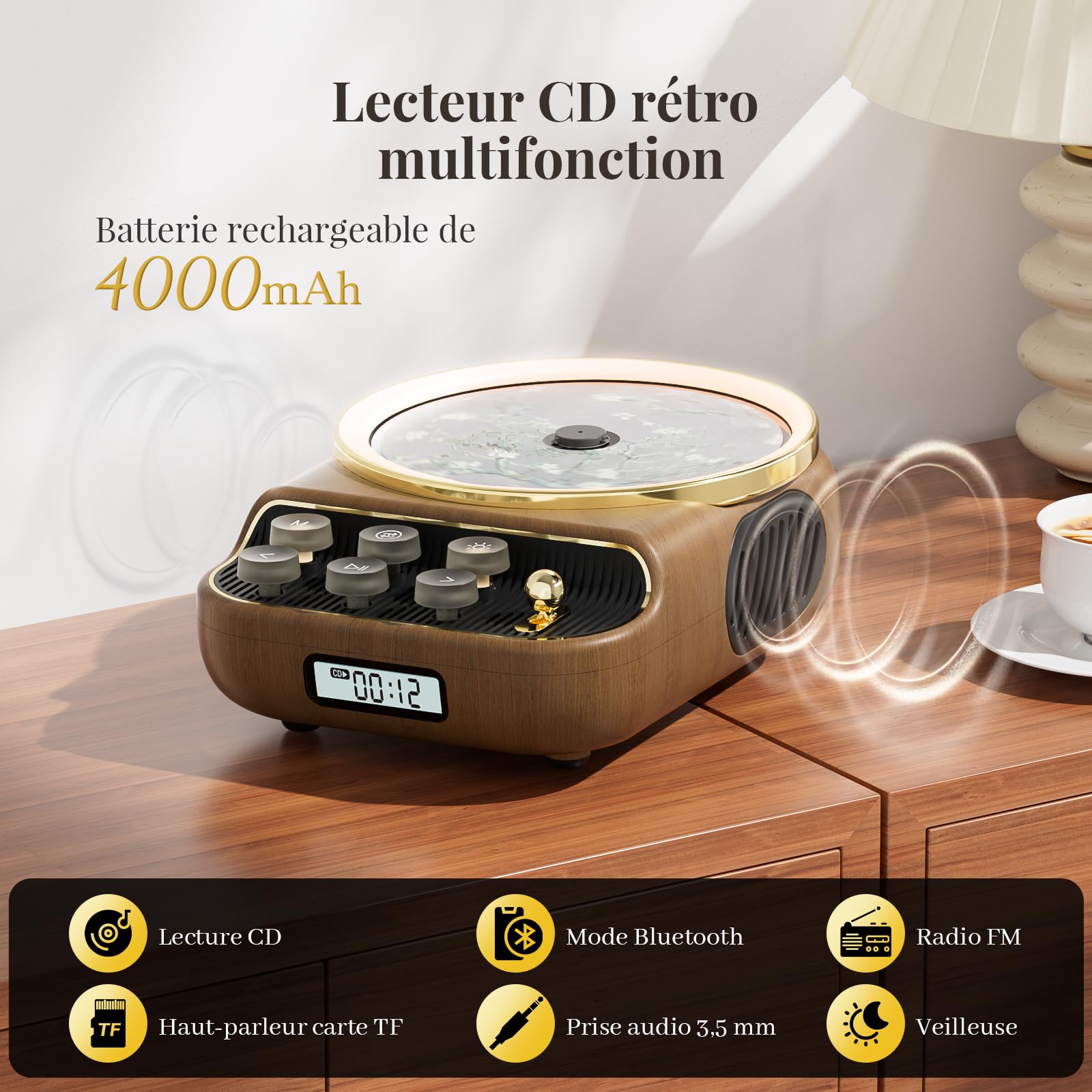 Lecteur de CD Portable Amélioré et Haut Parleur Bluetooth5.3 6en1 Rechargeable pour Voiture Maison avec, Radio FM, Prise en Charge AUX/TF, Prise Casque