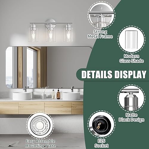 Miniatura 3 de Espird Lámpara de tocador de baño de cromo pulido, lámpara de baño de 3 luces sobre el espejo, moderna luz negra para tocador, apliques de pared con