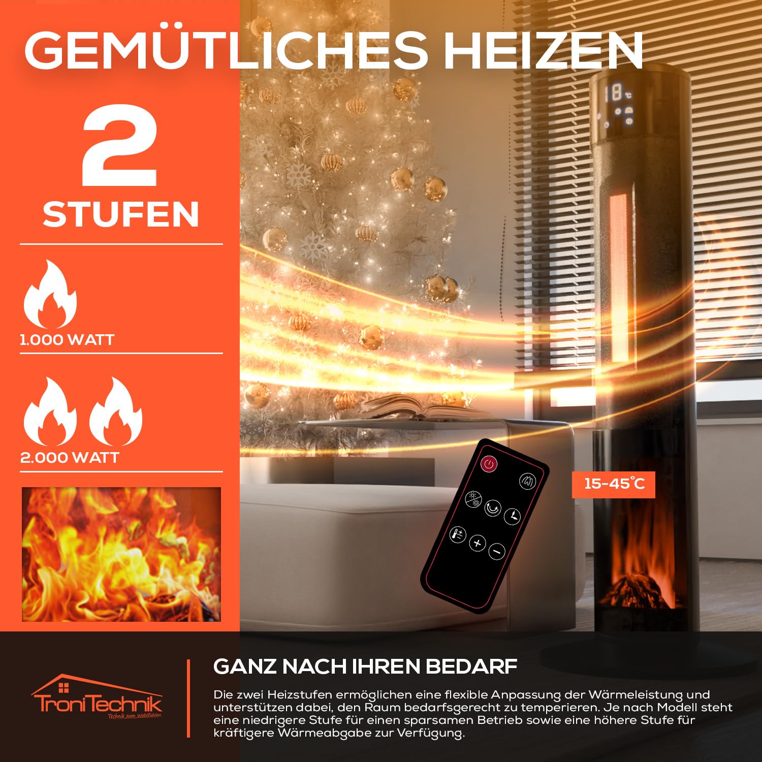 Tronitechnik® Heizlüfter Turmheizstrahler 1000 / 2000W Heizstrahler Standheizstrahler mit Fernbedienung Timer Kamineffekt Heizung Turm-Keramik-Heizer Heizlüfter Heizgerät Kamin Oszillationsfunktion