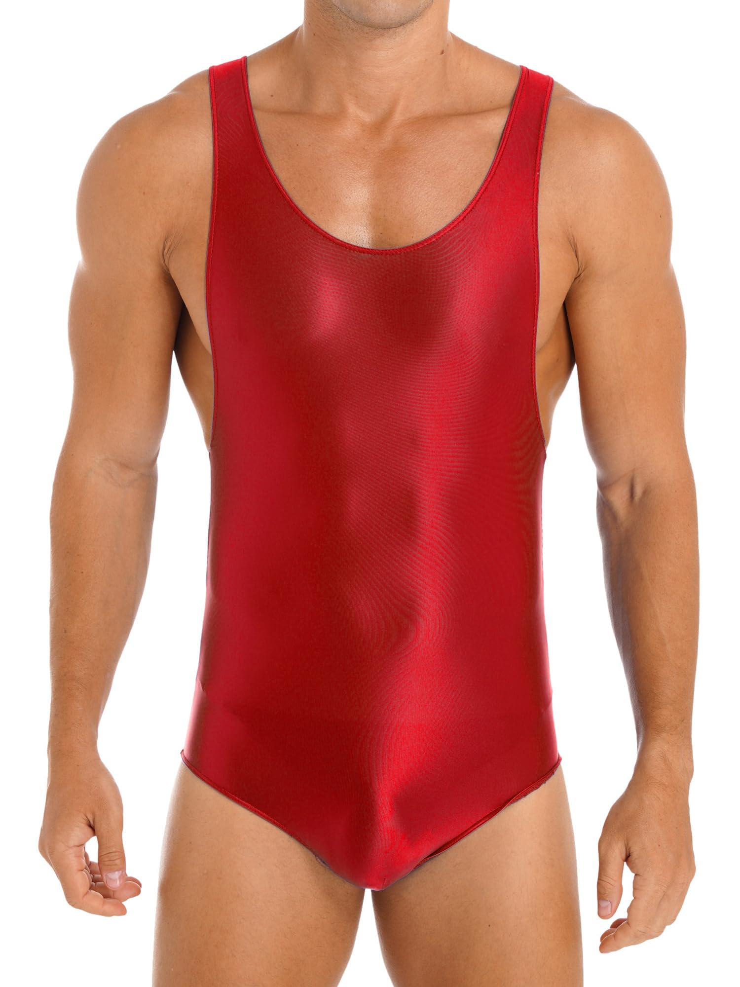 CHICTRY Mens Stretchy One-Piece High Cut Thong Leotard Bodysuit Racerback Wrestling Singlet Swimsuit 2# Red M