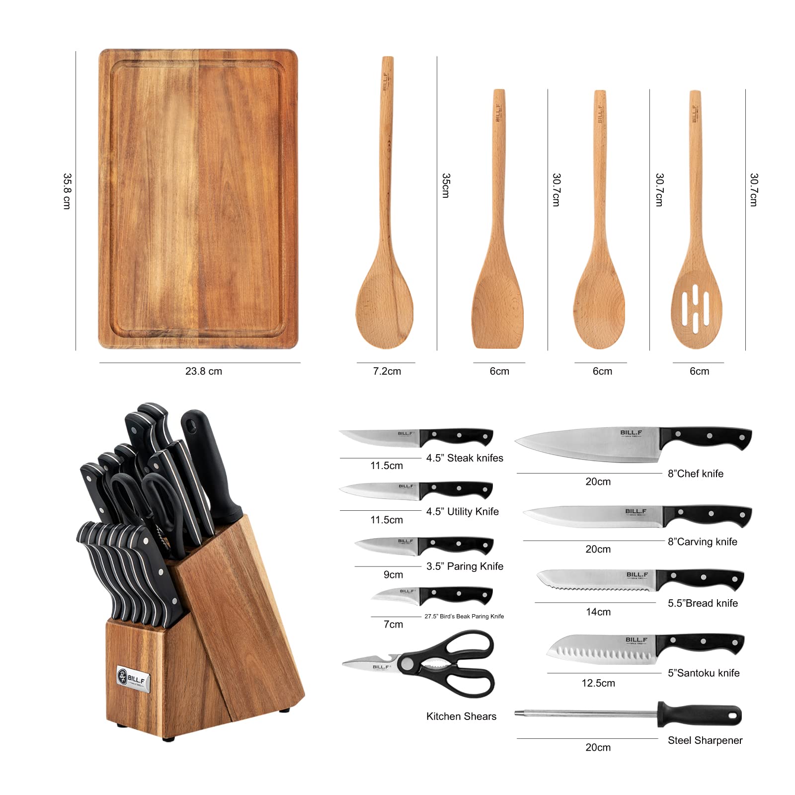 Set di coltelli Bill.F, Set da cucina in legno per la cucina con blocco di coltelli in acciaio inox, 16 pezzi, 4 pezzi di utensili da cucina in legno Set di cucchiai, 1 x tagliere con scanalature