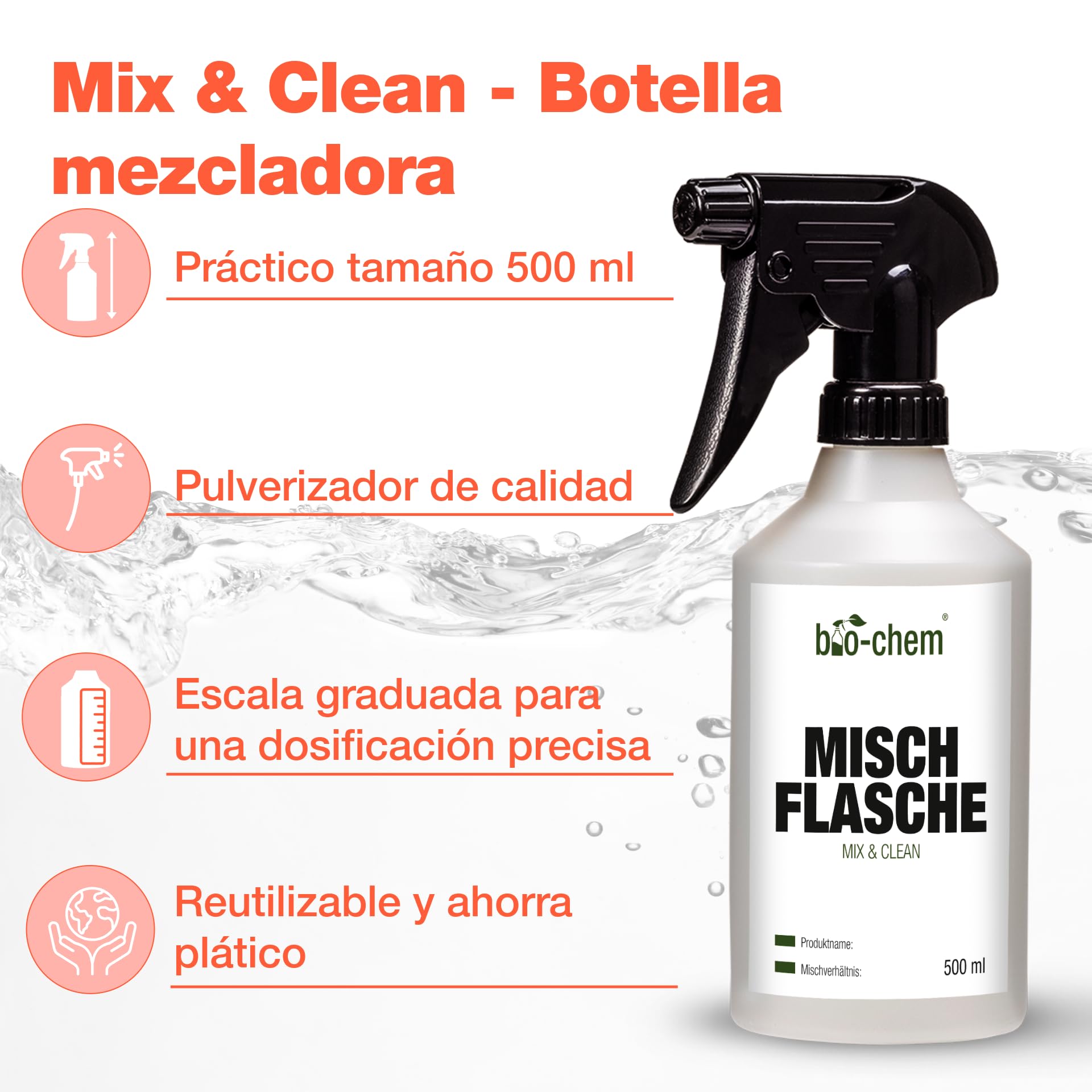bio-chem Multiusos aroma naranja, 3 x 750 ml + botella mezcladora | Sprays para el cuidado del hogar: productos de limpieza para cocinas, baños, suelos y sofás