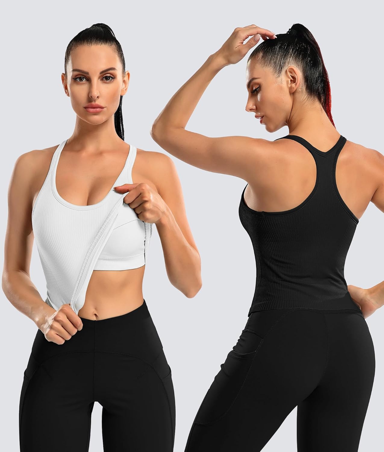 ATTRACO 2 Pack Ribbed Workout Tank Top with Built in Bra Women Seamless Cropped Racerback Yoga Tops Tight Fit - Image 2