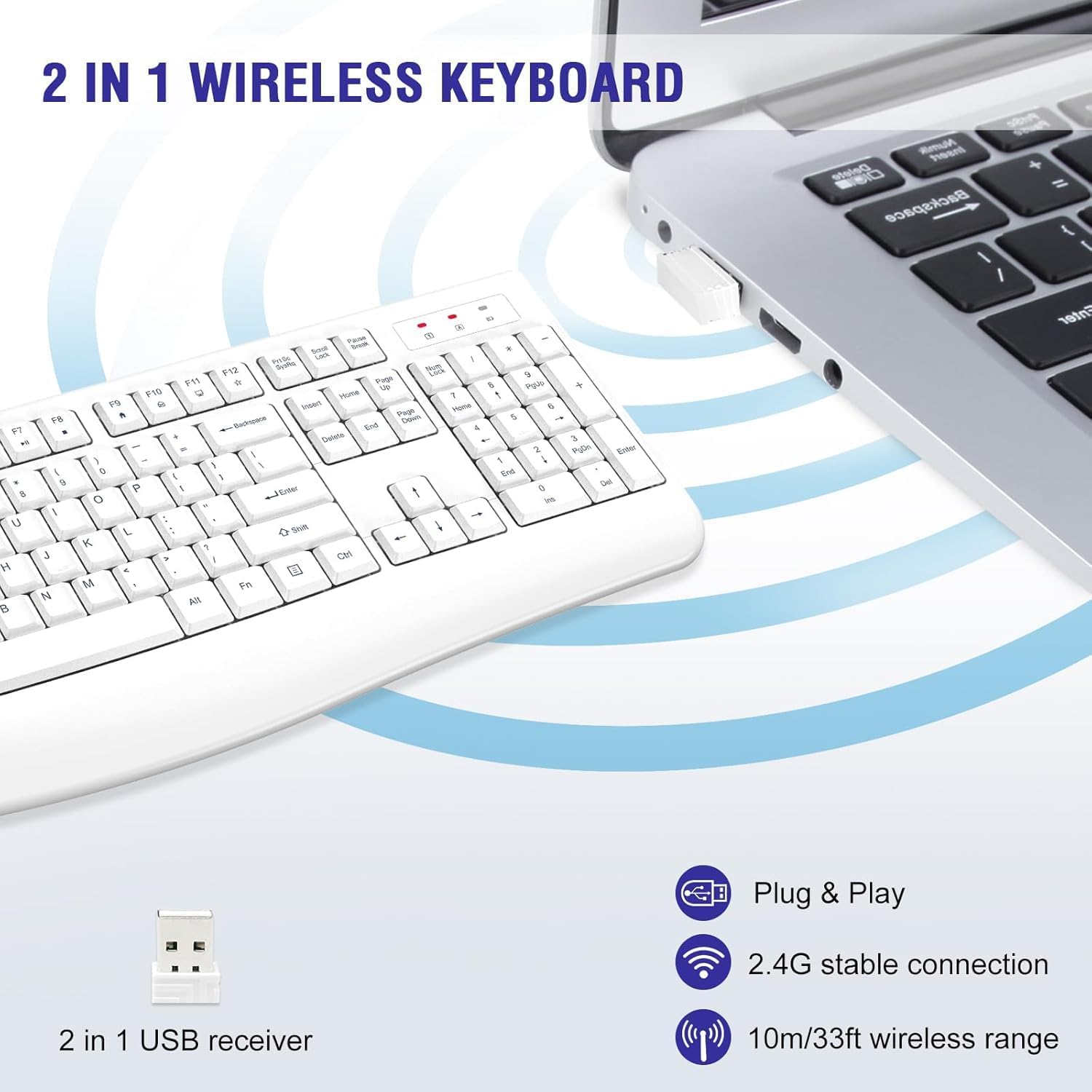 QUASIO Wireless Keyboard, 2.4G Full-Sized Ergonomic Wireless Computer Keyboard with Wrist Rest for Windows, Mac OS Laptop/PC/Desktop/Notebook(Off White)