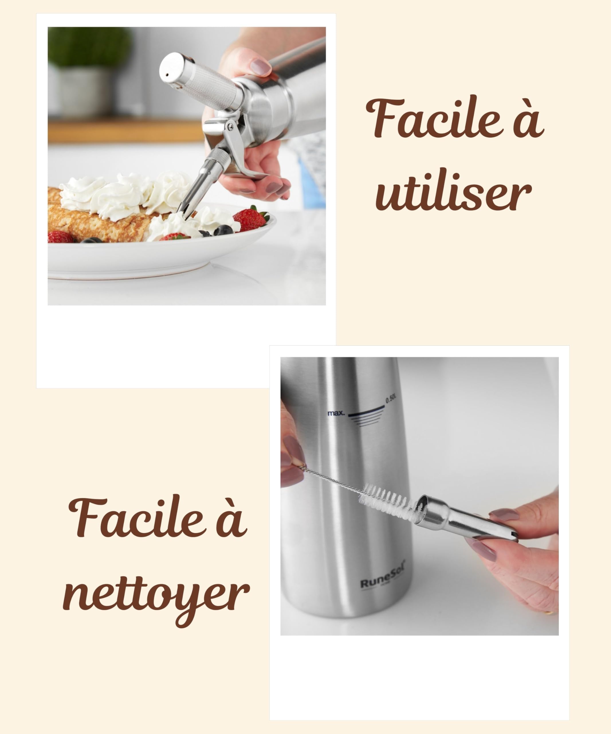 Runesol Siphon Chantilly Professionnel Inox 500ml, Sans Fuite Syphon Cuisine de Chantilly 3 Douilles en Acier Inoxydable et 1 Brosse, Siphons Cuisine Materiel Patisserie pour Desserts de Noël