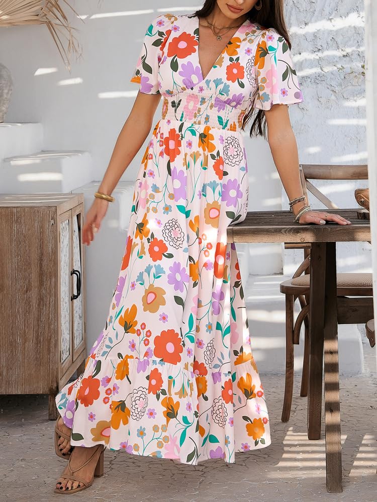 Image of Boho Floral Maxi Dress for Women 2026 Empire Waist Short Sleeve Dresses Summer Beach Vacation Wedding Guest Outfit