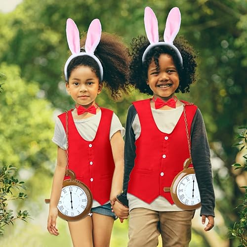 Miniatura 7 de Keymall Kit de accesorios de disfraz de conejo blanco de Pascua para niños 4 piezas de diadema de conejo chaleco de corbatín accesorios para Pascua