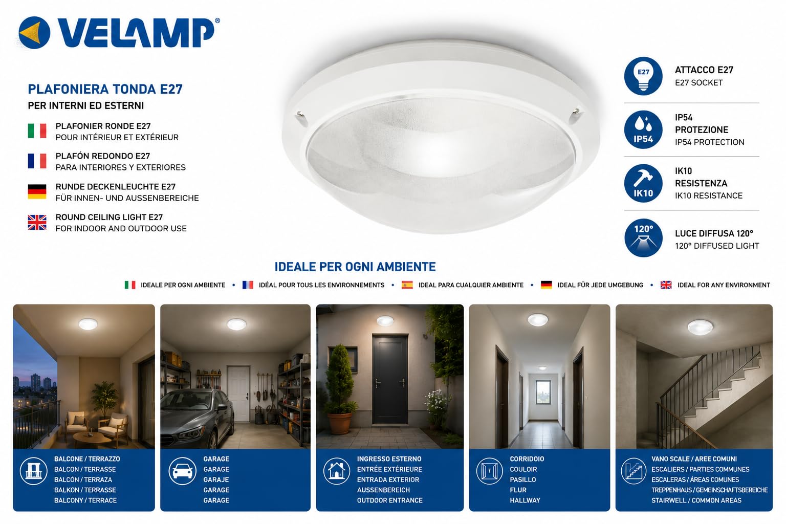 Velamp PTLEDIK-E27 Applique a Parete/plafoniera Tonda 27cm. in PC infrangibile IK10. Attacco E27, Compatibile LED, Max 60W. IP54: installabile all'Interno o all'Esterno. 60 W, Grigio