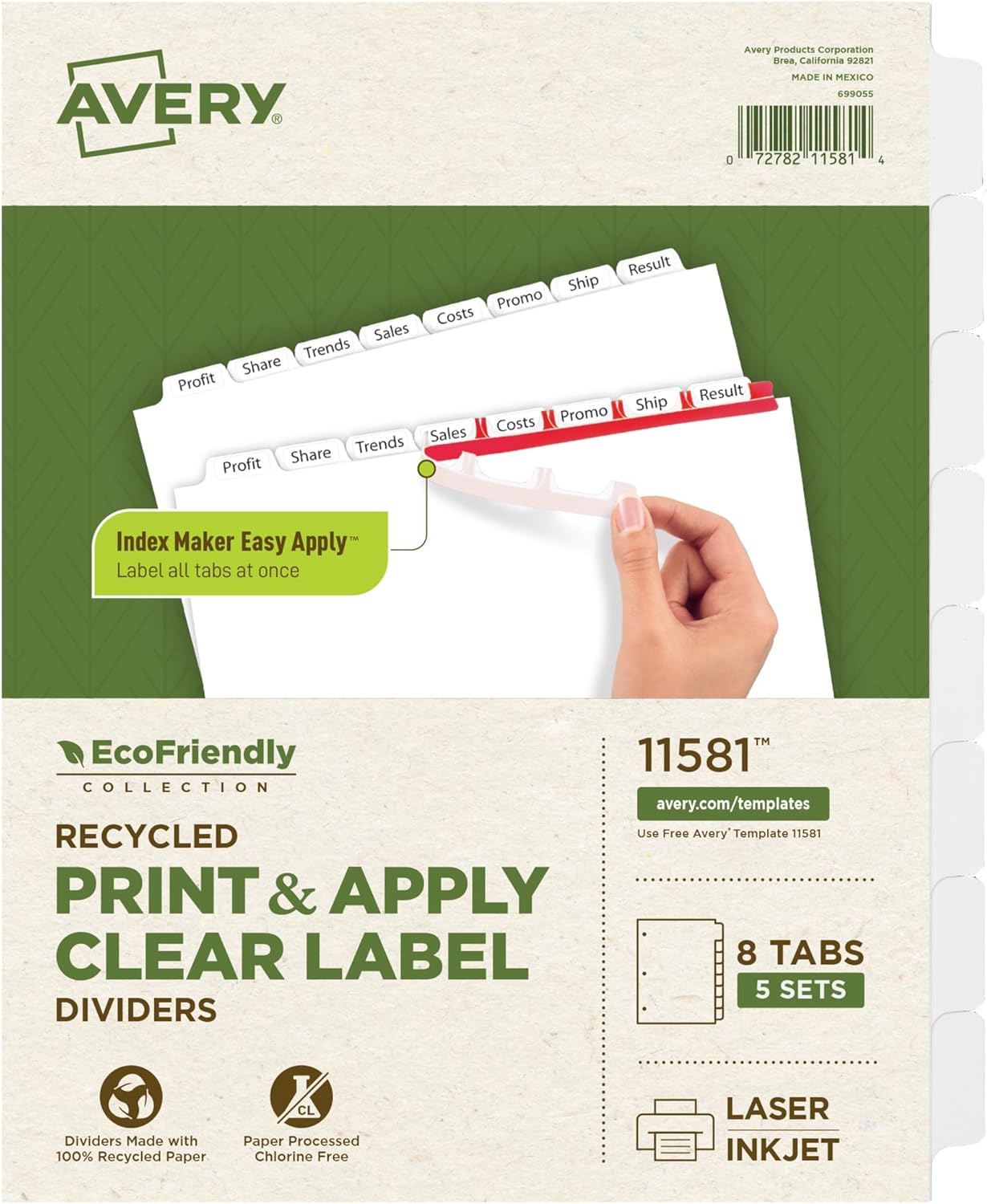 Avery EcoFriendly Recycled Dividers for 3 Ring Binders, 8-Tab, White Tabs, Index Maker Print and Apply Clear Label Strip, 5 Sets for 40 Binder Dividers Total (11581)