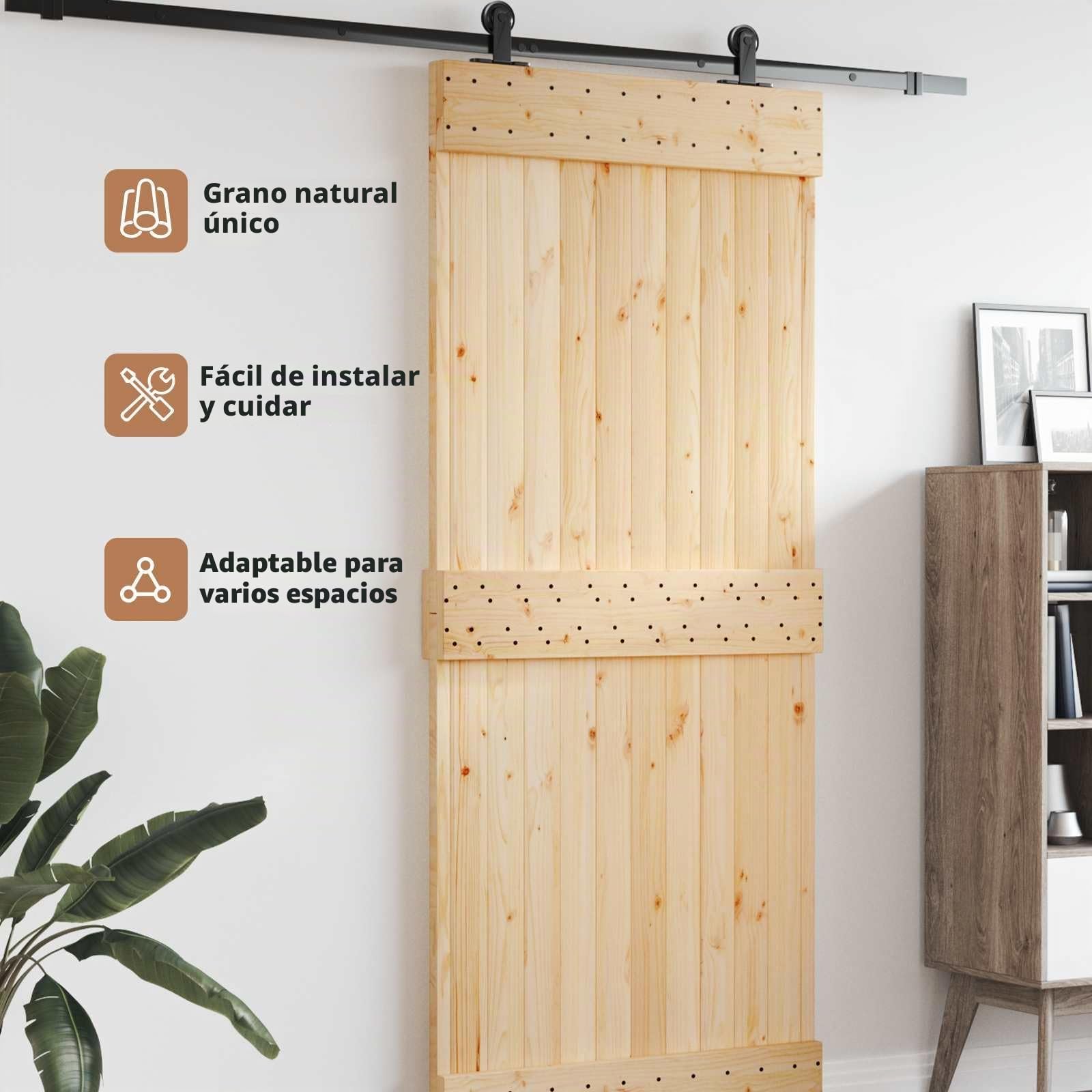 vidaXL Puerta Narvik Natural 95 x 210 cm Madera de Pino Sólido, Puerta Rectangular Moderna, Interior de Pino, Ahorra Espacio, Separador Contemporáneo de Habitaciones, Diseño Funcional