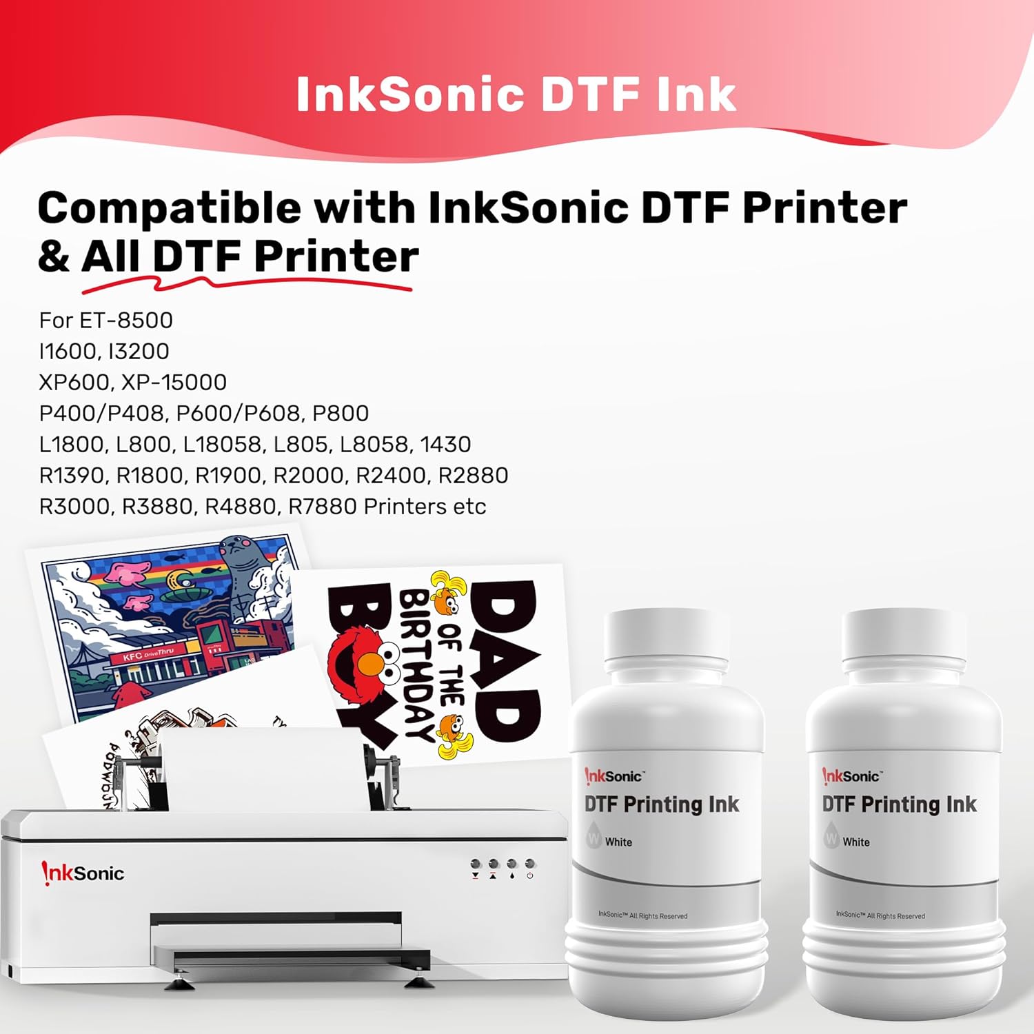 InkSonic DTF Ink White 500ML, Premium DTF Transfer Ink for PET Film, Refill Ink Compatible for All DTF Printer (White, 2 * 250ml)