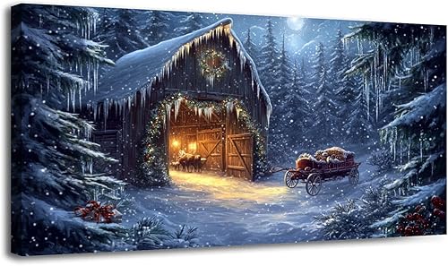 30"x 60" Canvas Wall Art Vintage Christmas Barn Snowy Forest Horse Drawn Carriage Framed Pictures Painting Prints Large Wall Art for Living Room