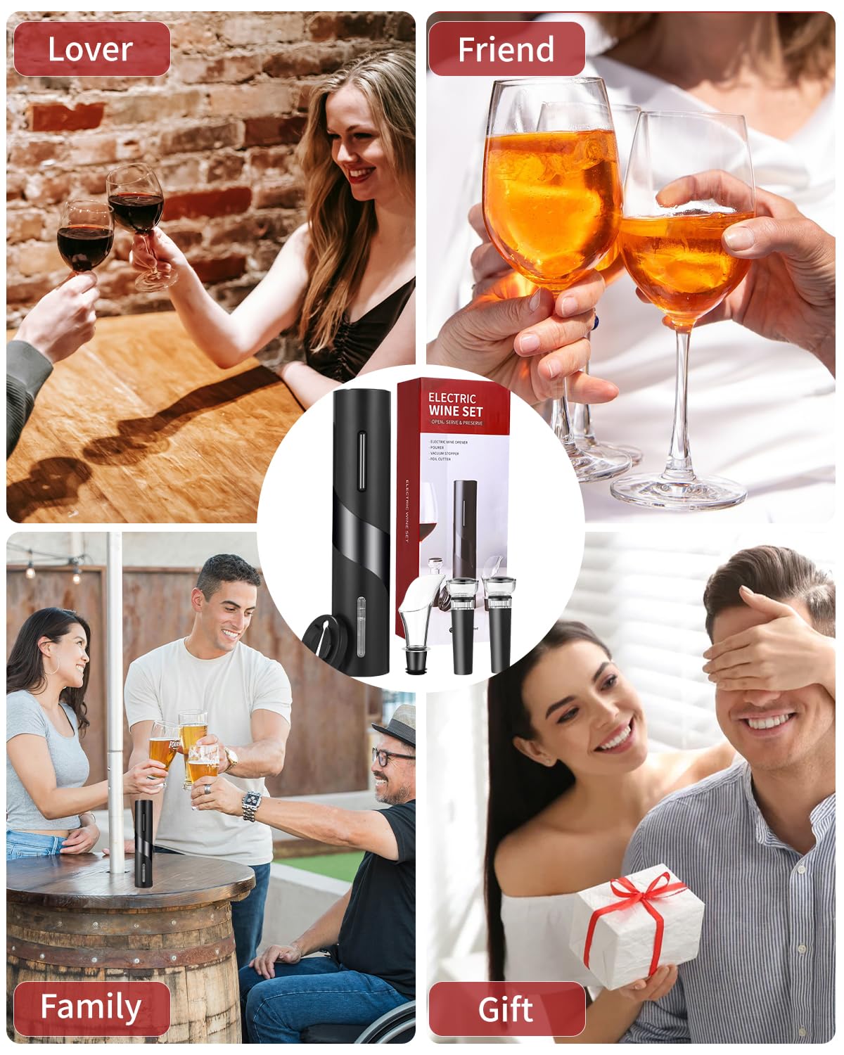 Sacacorchos eléctrico, abridor de vino electrico, set abrebotellas de vino que contiene cortador de papel de aluminio, vertedor de vino y tapón de vino al vacío, funciona con pilas