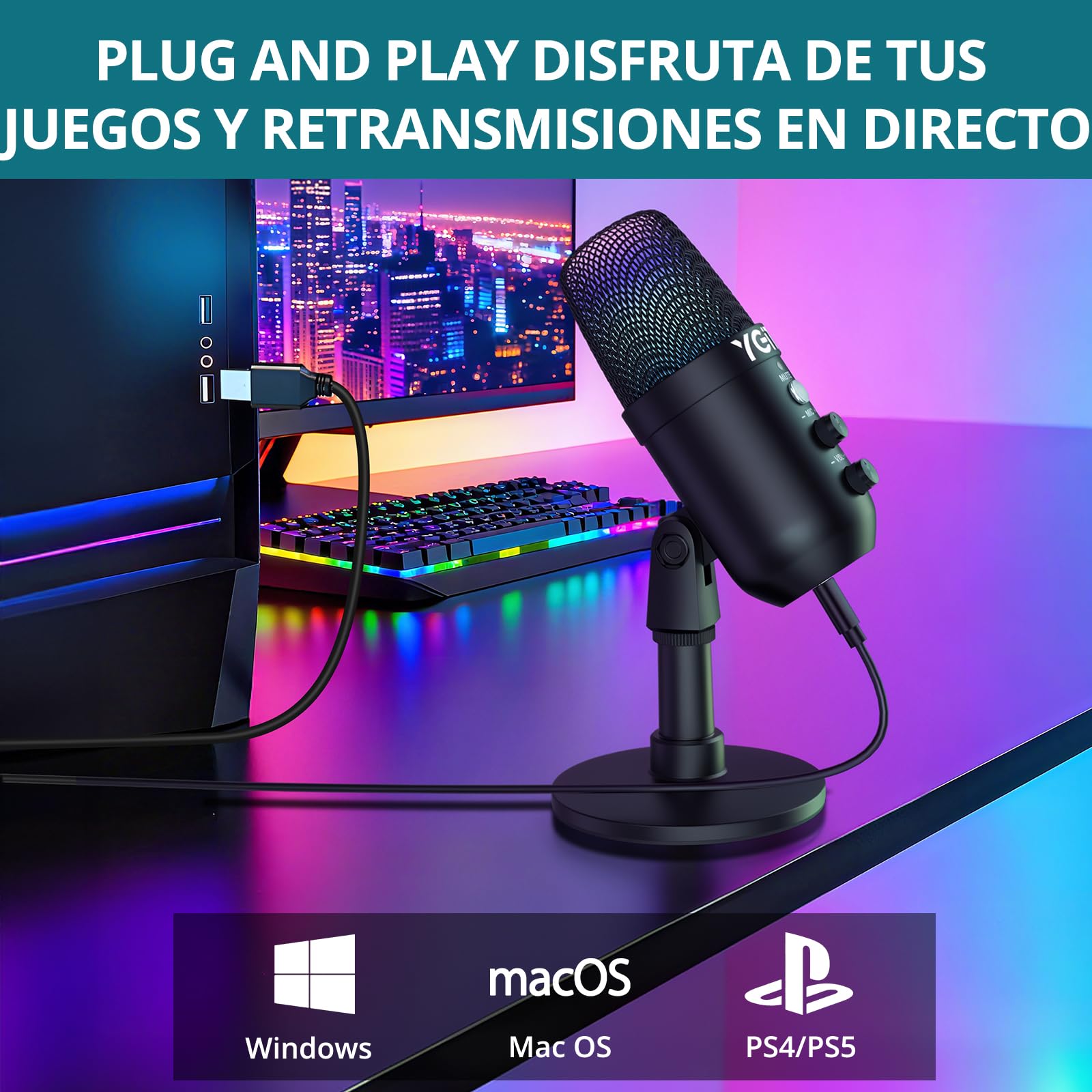 Micrófono USB，Microfono PC Gaming RGB,Reducción Inteligente del Ruido con Audio de 3.5 mm Plug & Play para PC Teléfonos, Canto, Youtube,Facebook TIK Tok Compatible con Mac, Windows