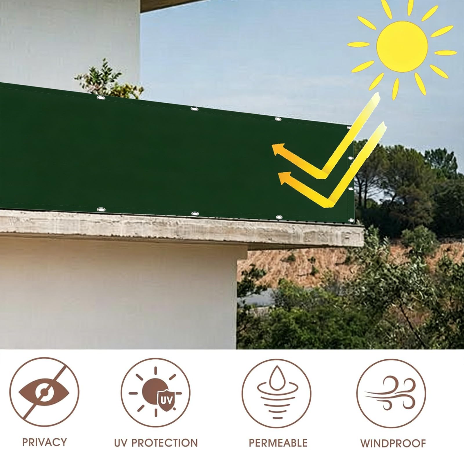Parawan Balkonowy 45 x 120 cm Ochrona Przed Wiatrem I Promieniowaniem Uv, Ochrona Przed Ciekawskimi Spojrzeniami Osłony Dzielące I Ochronne Z Oczkami, Lina Na Patio, Ciemnozielony