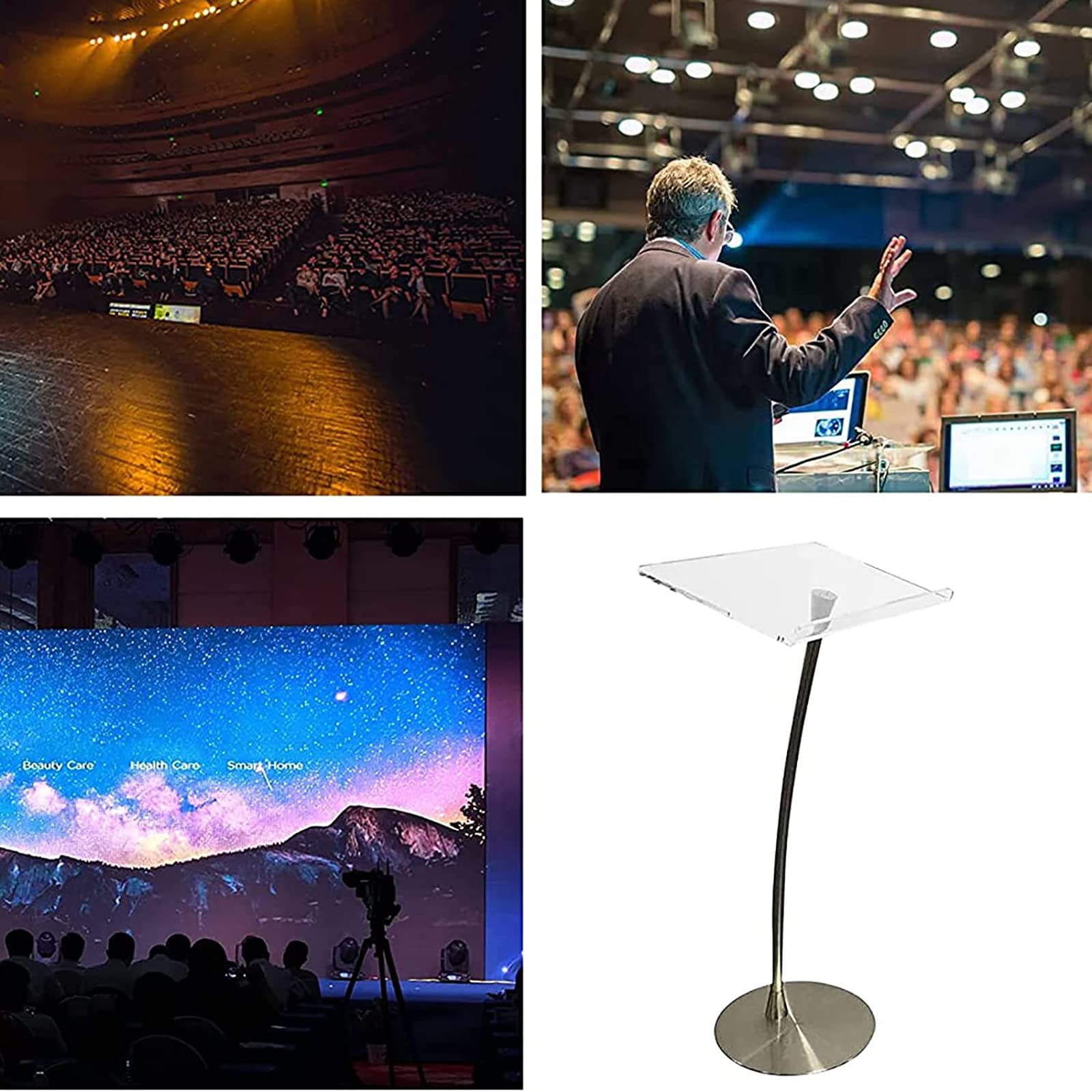 Podio in Acrilico con Fondo Stabile in Ferro, pulpiti chiese con Piano di Lavoro, pulpito Multifunzione per aule Moderne di Musica, concerti, Matrimoni, conferenze, Eventi