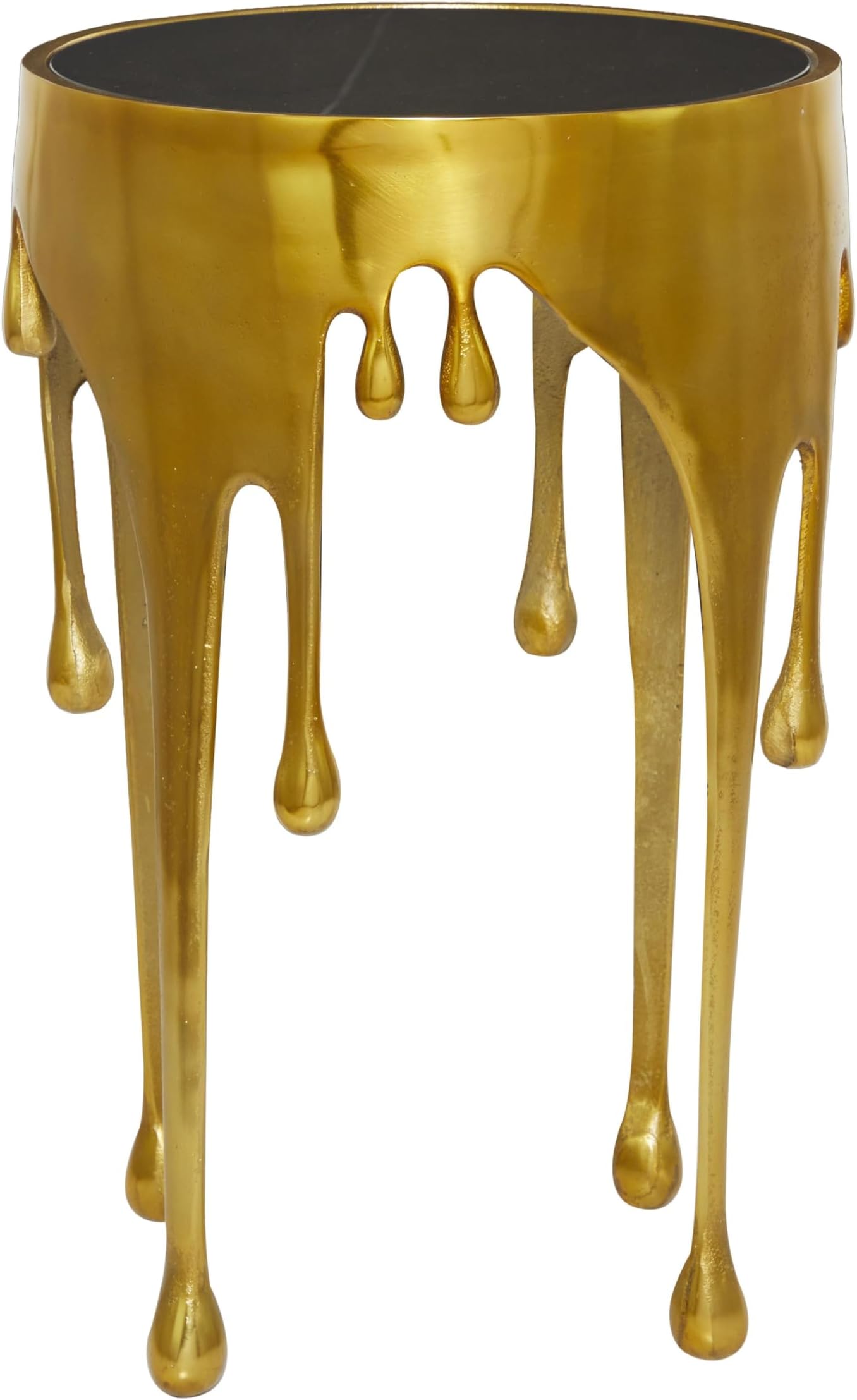 Aluminum Metal Abstract Melting Drip Accent Table with Melting Design and Shaded Glass Top, 16' x 16' x 25', Gold