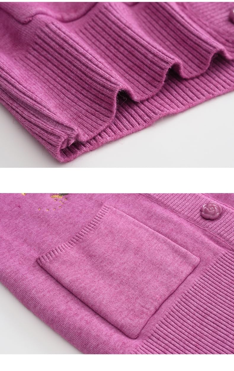 Chaqueta De Punto Mujer,Suéteres De Punto para Mujeres De Mediana Edad Y Mayores Cárdigan Fino con Bordado Floral para Señora Mayor Chaqueta De Cuello Redondo con Botones De Manga Larga Jersey Co