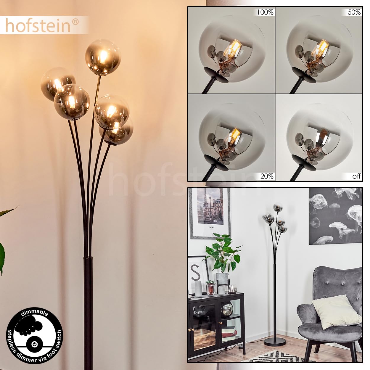 Stehleuchte Bernado, dimmbare Stehlampe aus Metall/Glas in Schwarz/Rauchfarben/Klar, Standleuchte mit Glaskugeln (Ø 12 cm), Höhe 174,5 cm, stufenlos dimmbar über Fußschalter, 5 x G9, ohne Leuchtmittel