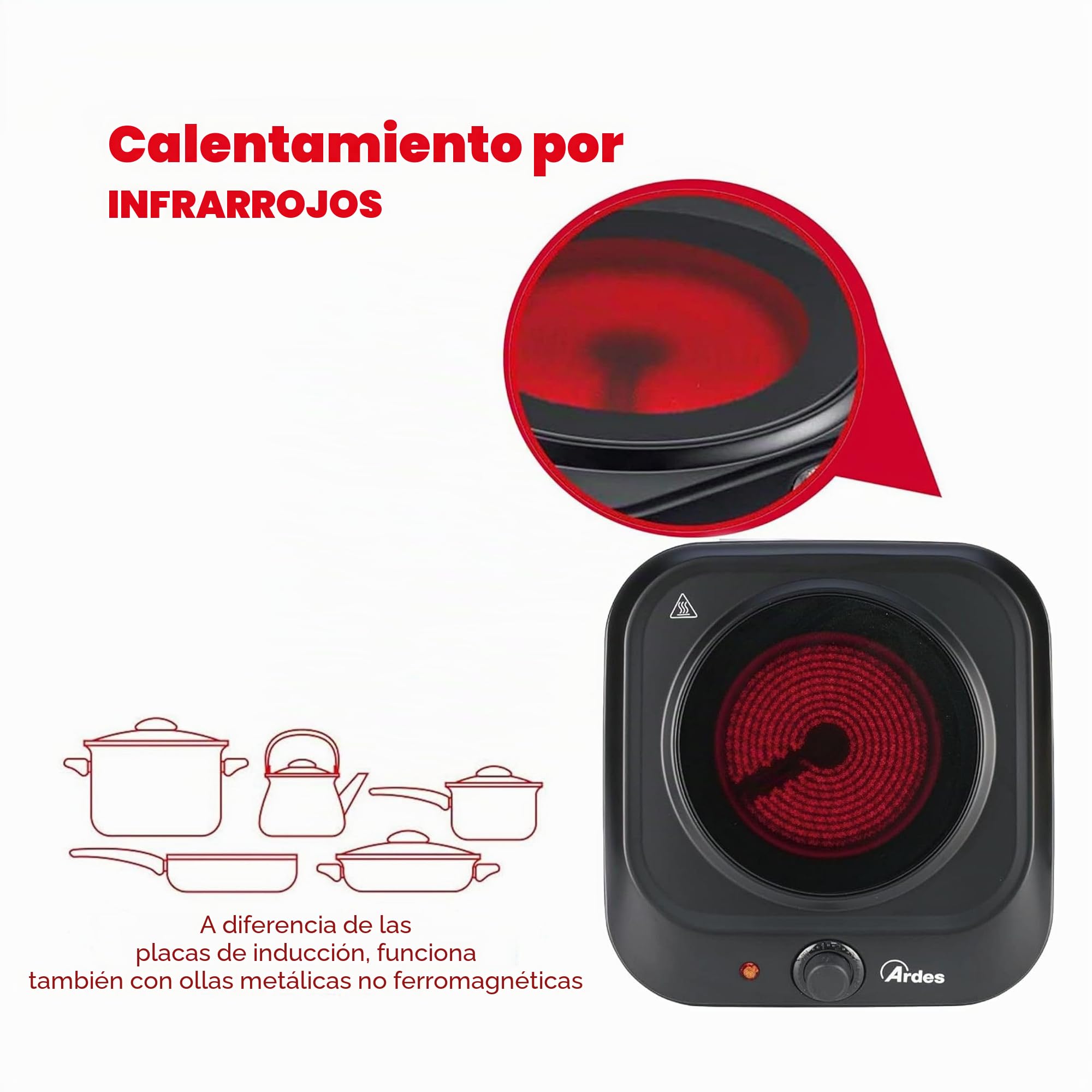 ARDES Placa Eléctrica para Cocinar en Vitrocerámica 5 Niveles de Potencia Compatible con Todas las Ollas Hornillo de Camping Eléctrico Portátil ‎AR1F401