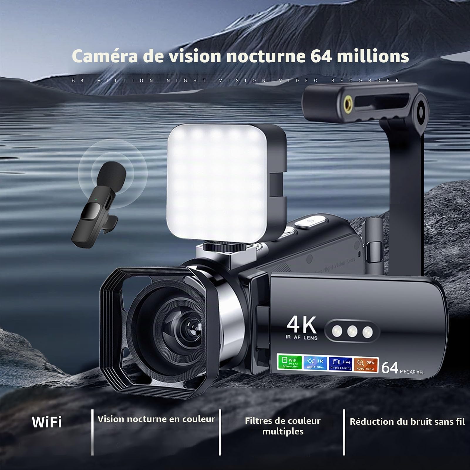 Fabater Caméra Vidéo, Caméscope Ultra HD 4K 64MP, Enregistreur de Caméra WiFi Vlogging 3 Pouces avec Zoom Numérique 28X, Vision Nocturne IR, Batterie de 4800mAh pour Youtube