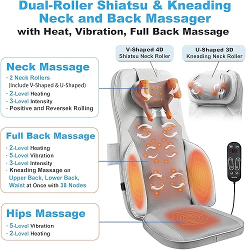 Miniatura 7 de Shiatsu Masajeador de espalda y cuello con calor, cojín de masaje de cuerpo completo 4D con vibración, diseño de doble cuello, intensidad ajustable,