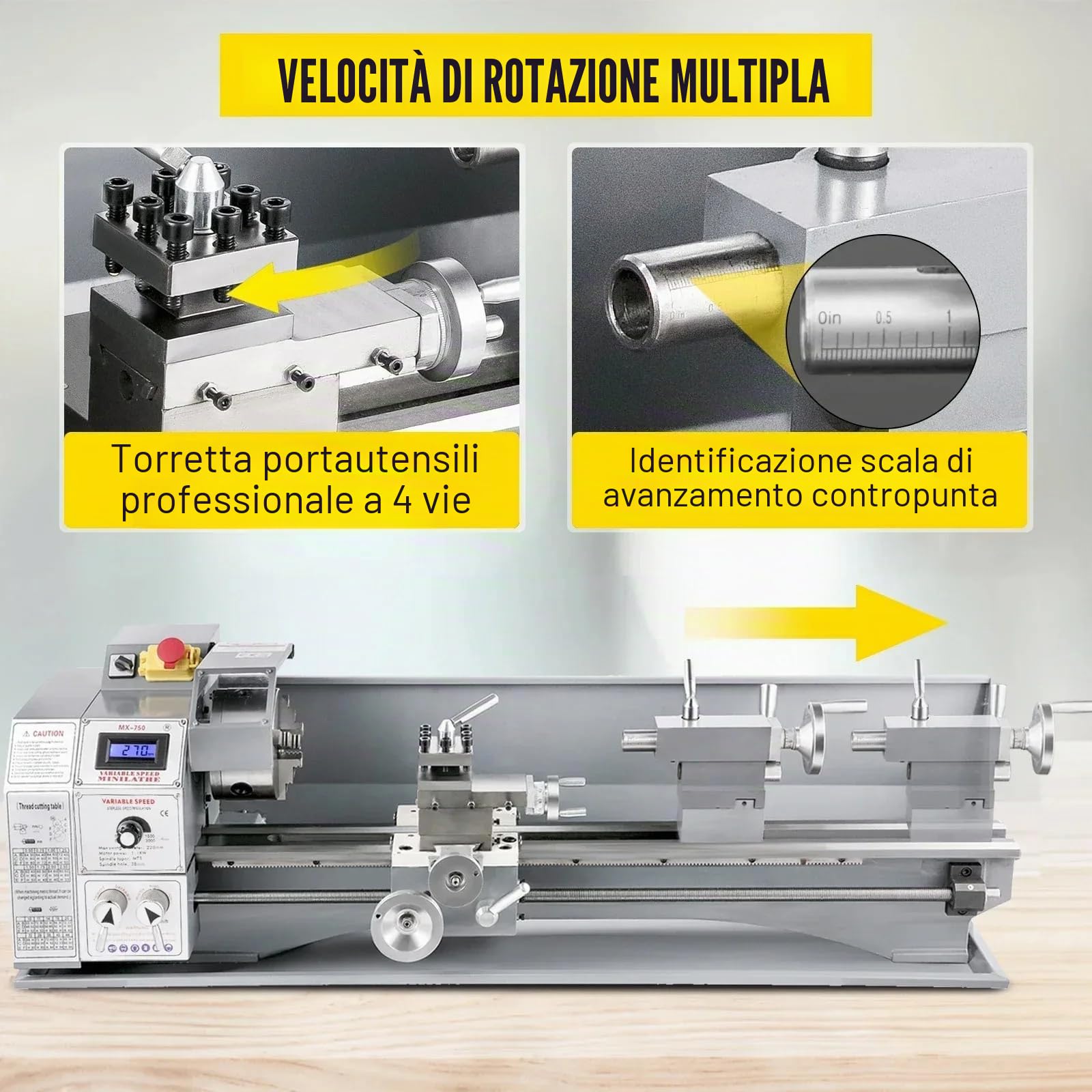 750 W Mini tornio in metallo 200 x 600 mm ad alta precisione tornio parallelo con mandrino a 3 ganasce e velocità del mandrino 50-3000 giri/min per filettatura tornitura foratura