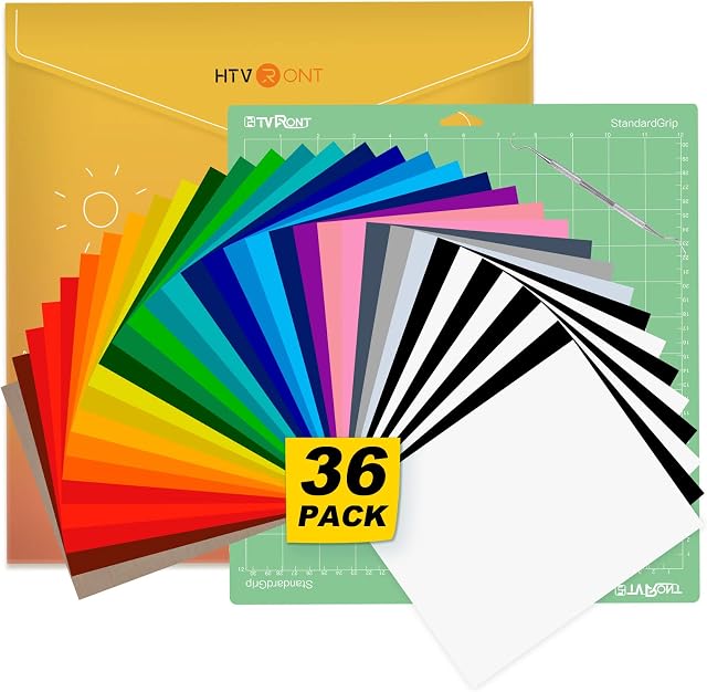 HTVRONT Heat Transfer Vinyl 36 Pack 12" x 10" Iron On Vinyl with 1 Pack Cutting Mat 25 Assorted Colours HTV Vinyl with Tweezer