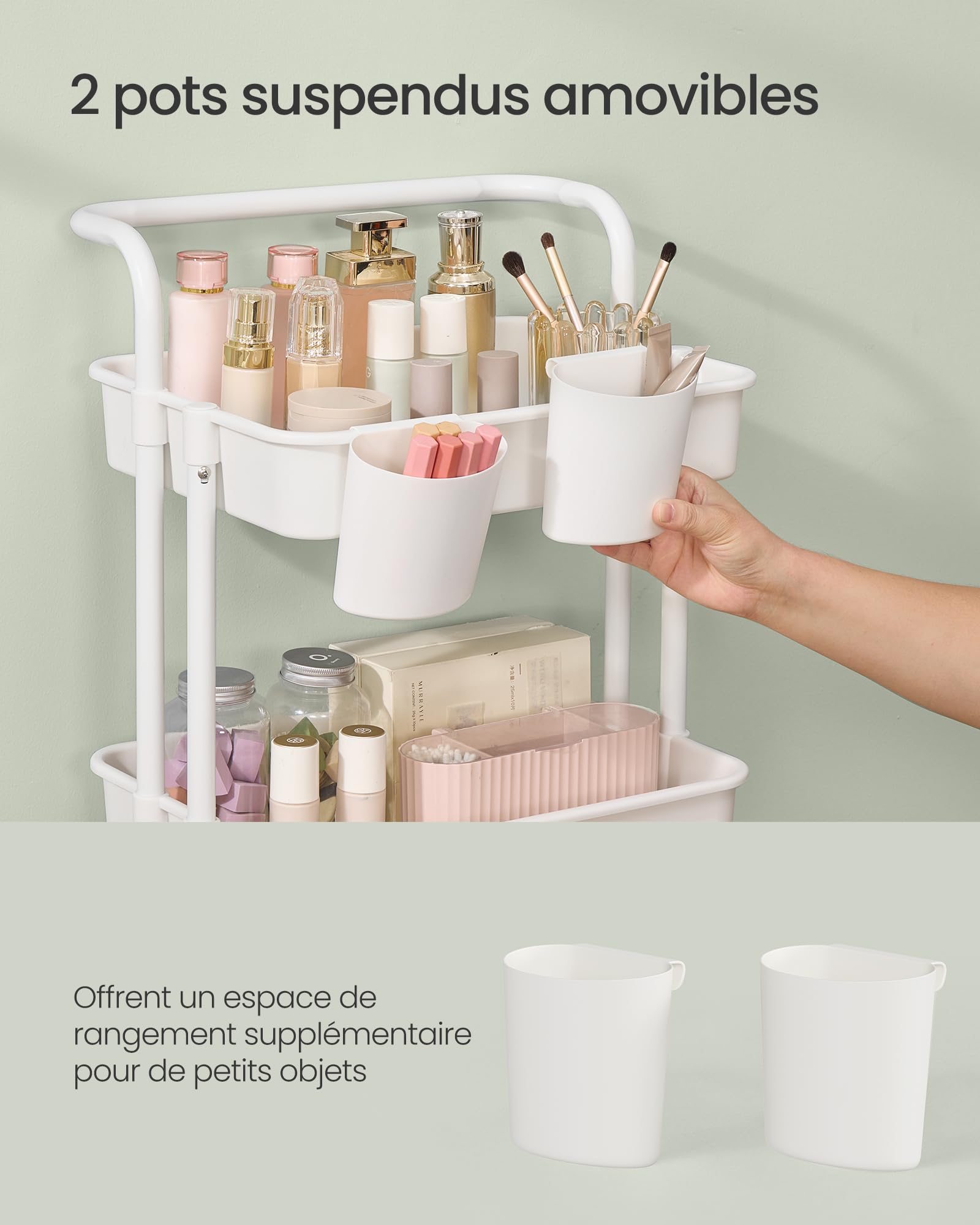 SONGMICS Chariot de Rangement 4 Niveaux sur Roulettes avec Poignée et Freins Blanc