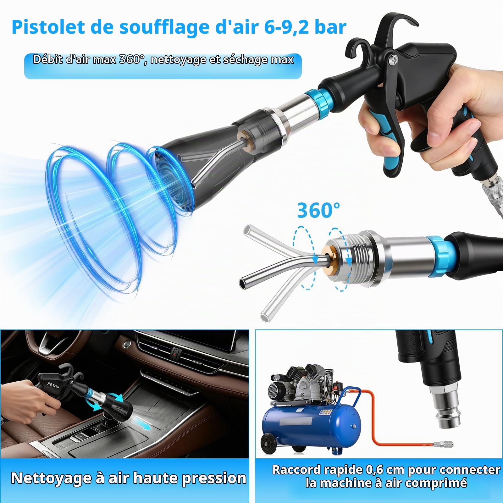 MYPIN Pistolet de Nettoyage Voiture avec Buse 2-en-1, 6 à 9,2 bar | Pistolet de Nettoyage Voiture à Air Comprimé pour le nettoyage intérieur des véhicules et Moquette
