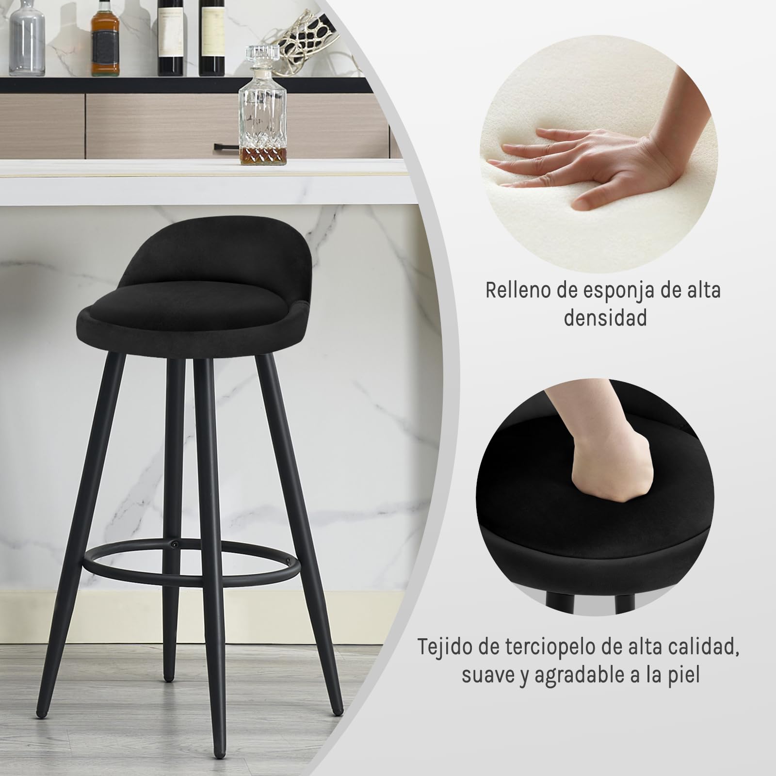 WOLTU Taburetes de Bar Juego de 2, Taburetes de Cocina con Reposapiés, Asiento de Terciopelo, Estructura de Metal, Negro