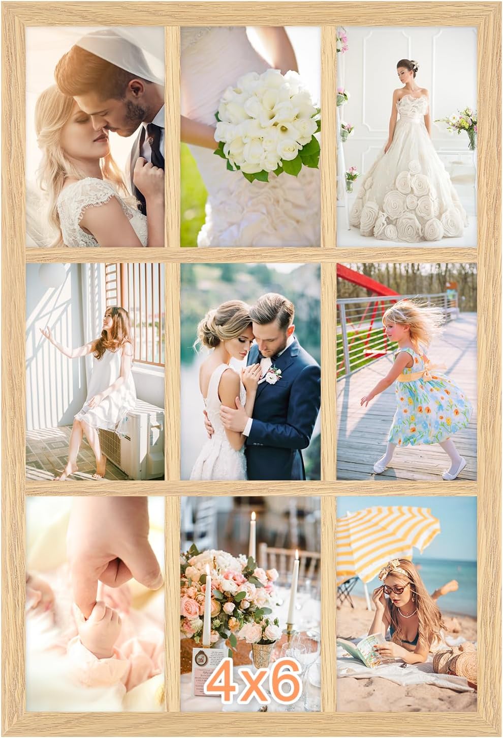 4x6 Oak Wood Picture Frames Collage Wall Decor Natural Woodgrain, Solid Oak Wooden Family Photo Collage Frame 9 Openings, Glass Front, Wall Hanging Display 9 4x6 Pictures Woodgrain 11.5x17.5-9 openings