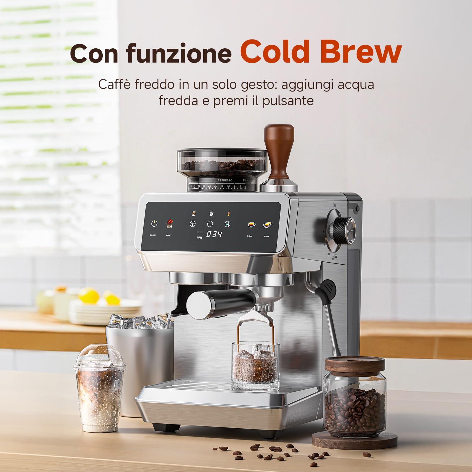 AMZCHEF Macchina Caffè Espresso con Macinacaffè Incorporato, 20 Bar, 44 Livelli di Macinatura, 4 Temperature, Funzione Cold Brew, Lancia Vapore per Latte,Acciaio Inox,1.8L
